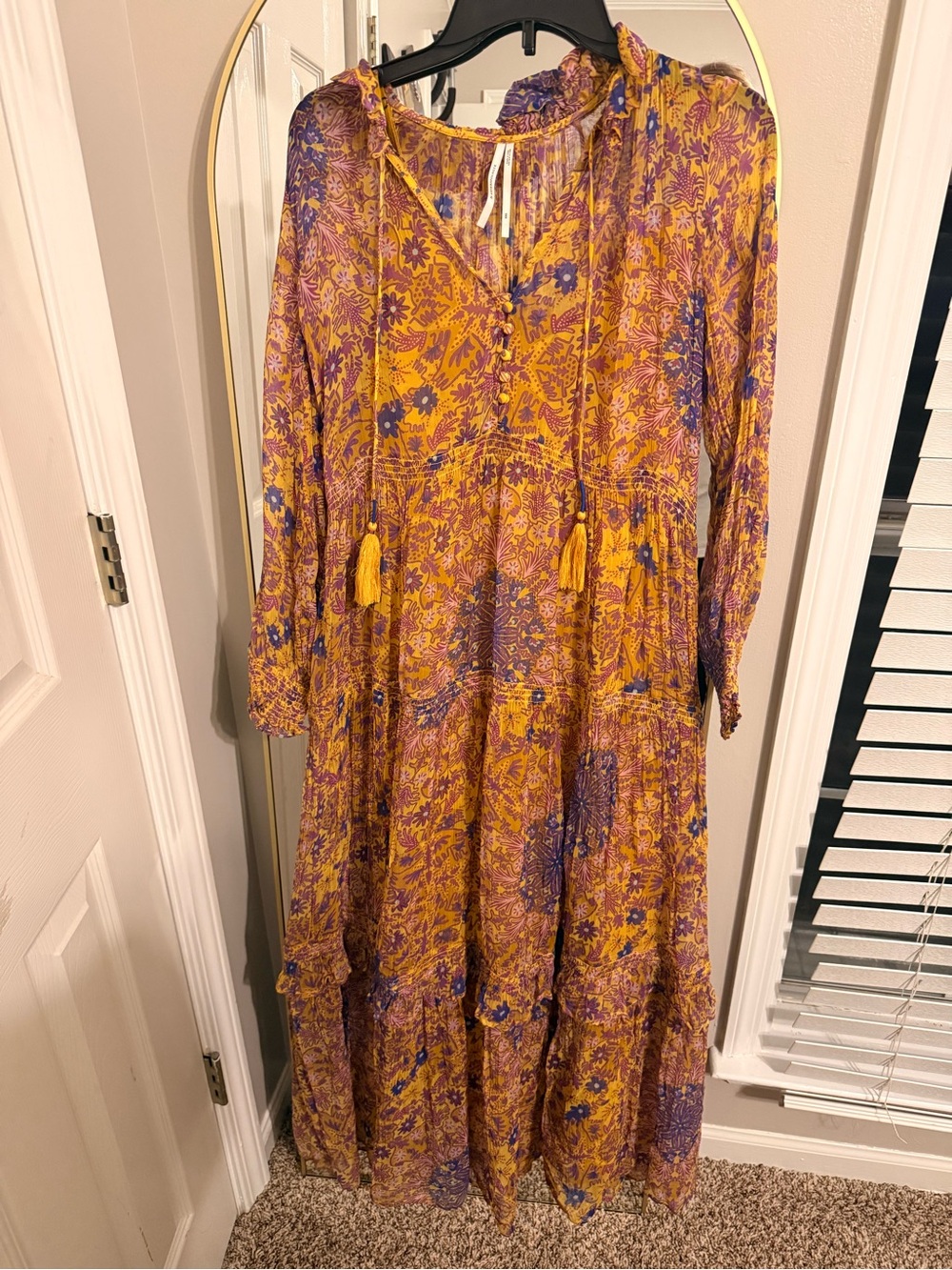 Anthropologie Mustard and Purple Floral Tiered Maxi Dress